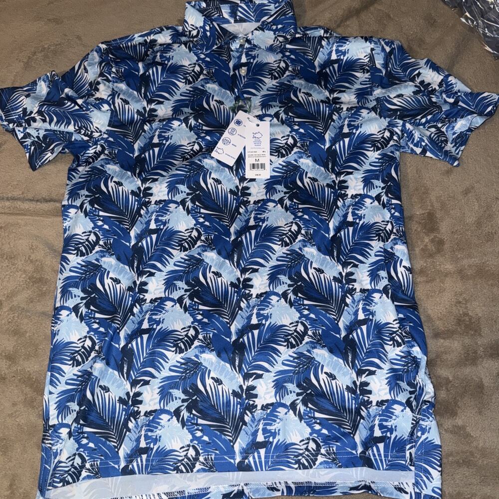 NEW Southern Tide Mens M Driver Paradise Palm Polo Shirt Blue Floral Stretch $98